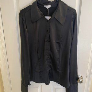 Black Stretch Charmeuse Button Down Shirt - NWT - Danielle Bernsetin